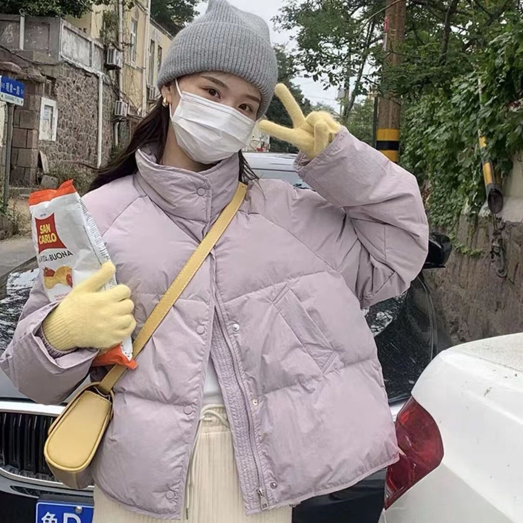 Light Violet Winter Coats Women Stand Collar Short Cotton Down Jackets