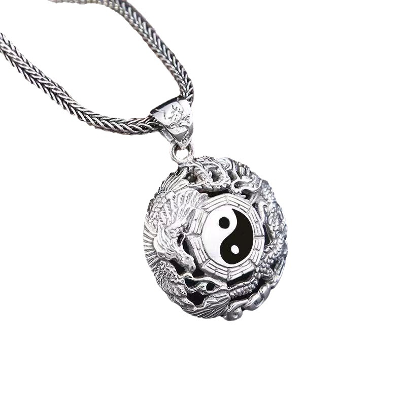 RY-Trendy and fashionable silver jewelry original design double dragon necklace men's s925 silver dragon and phoenix Tai Chi Bagua pendant