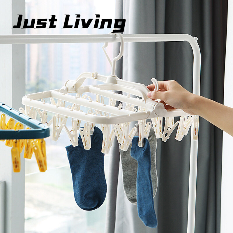 JustLiving Giá Treo Quần Áo 32 Kẹp Móc Treo Khăn Giặt Gấp Gọn Bằng Nhựa Giá Phơi Đồ Đa Năng Giá Treo Ngoài Cửa Ban Công Cửa Sổ Hàng Rào