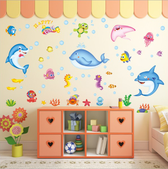 Decal trang trí tường - đàn cá xanh vui nhộn