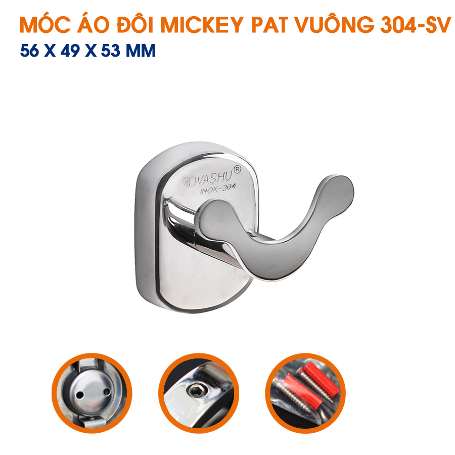 Móc áo TOVASHU đôi mickey vuông inox 304 (Inox 304 - Bảo hành 20 năm)