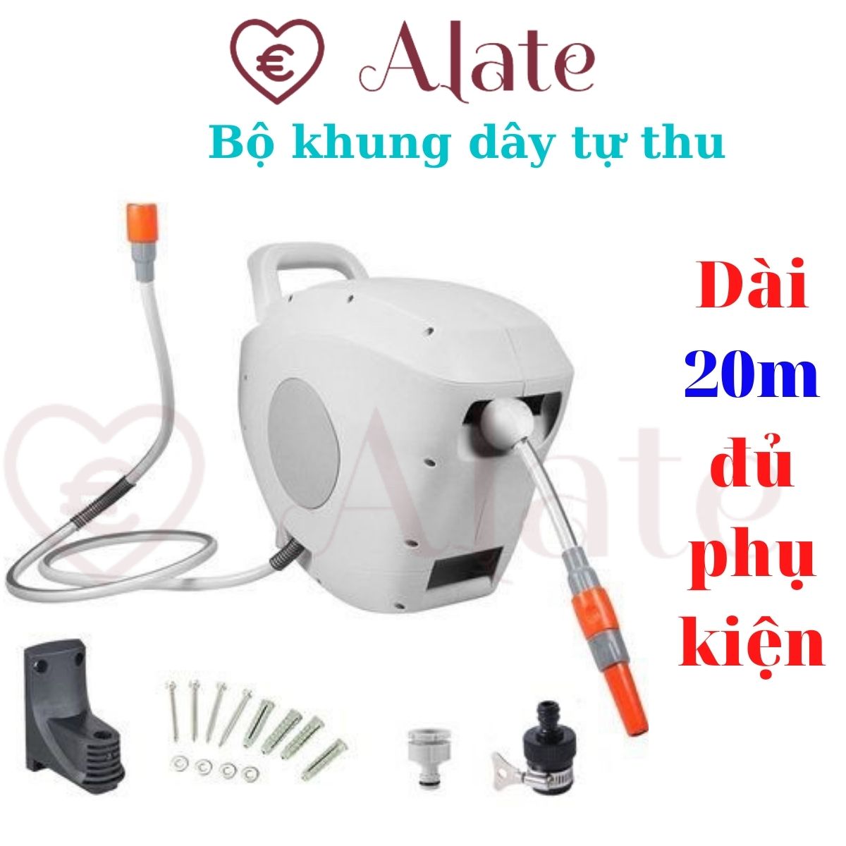 Rulo cuộn dây nước tự động thu dây Lionking dài 15 đến 30m đủ phụ kiện gồm nối nhanh, vòi tưới tăng áp, dây dẫn nước, cút nối gắn là sài