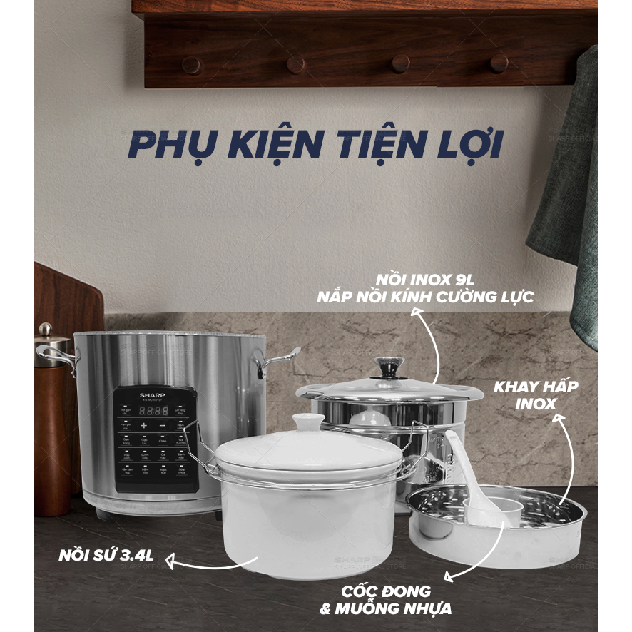 [ GENUINE SHARP ] Sharp Multifunction Cooker 9L Capacity, Stainless Steel Material Good Heat Resistant, 13 Pre-programmed Cooking Functions, Comes With 3 Accessories Porcelain Pot, Stainless Steel Steamer Tray, Stainless Steel Rack, Glass Cover Strong Str