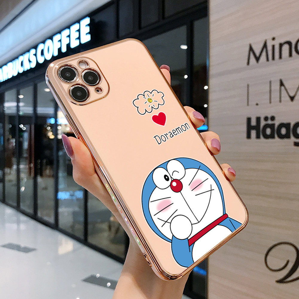 (Free Lanyard) For Realme 12 Pro Plus 5G C65 Realme Note 60 Back Cover Cute Cartoon Doraemon Square Edge Pattern Cover Luxury Plating Soft Phone Case.