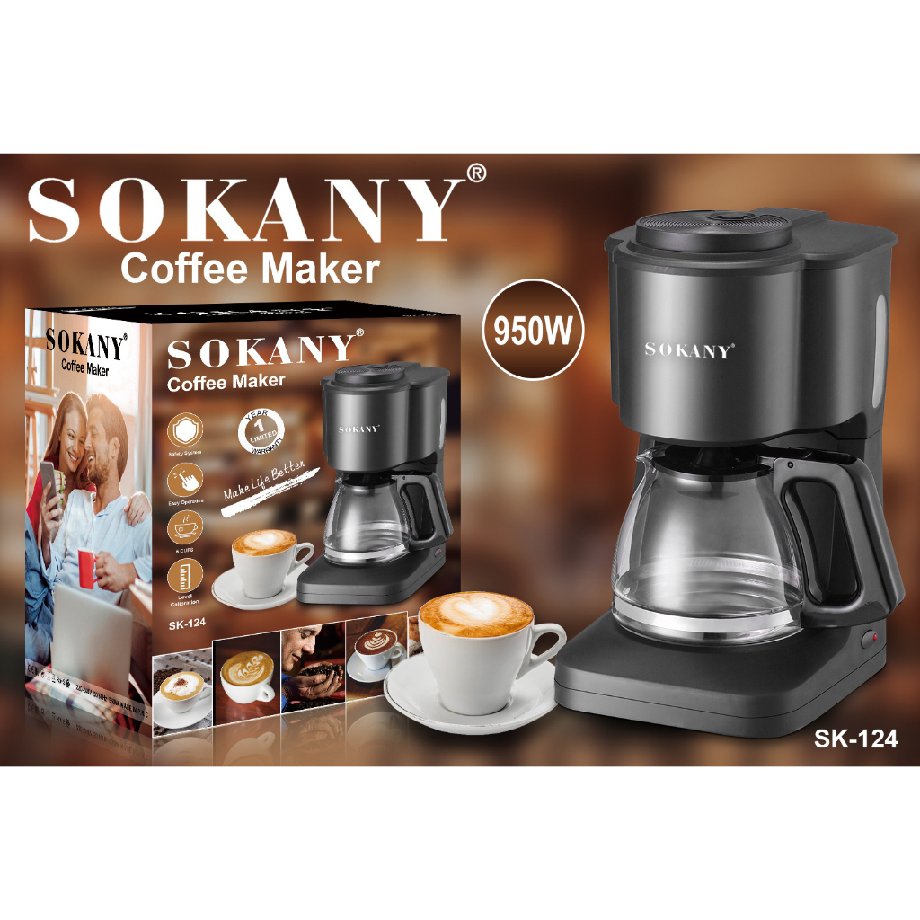 Máy Pha Cafe Đa Năng -Máy Làm Cafe Cho Quán, Văn Phòng, Gia Đình, Công Ty - Máy Pha Cà Phê Giá Rẻ SOKANY SK-124 950W  Giúp Pha Chế Nhanh, Dung Tích 600ml Có Thể Pha 10-12 Tách 1 Lần, Giúp Bạn Dễ Dàng Pha Và Thưởng Thức Những Ly Cà Phê Thơm Ngon.
