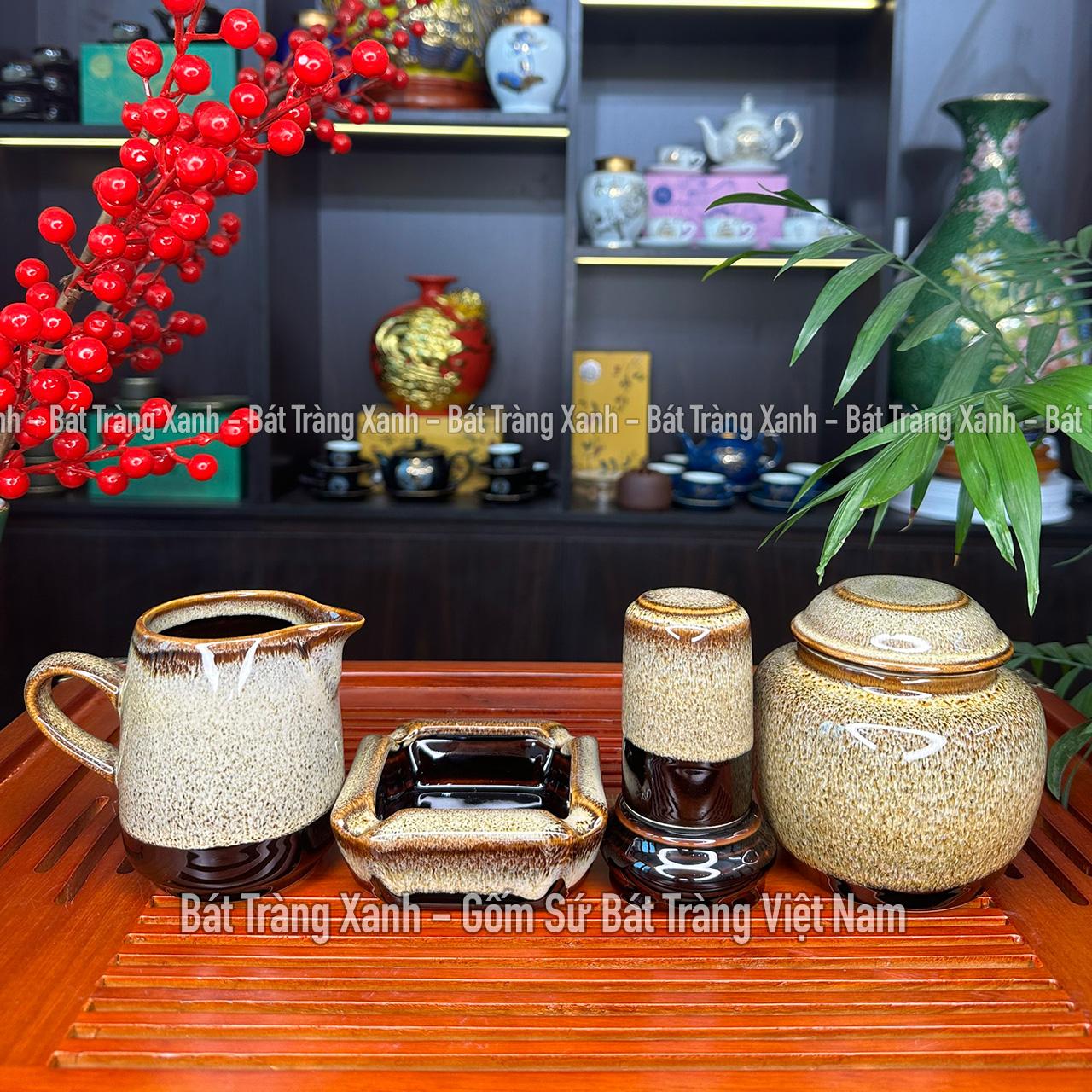 Bộ Ấm Chén Quả Hồng Cà Phê- Bộ Ấm Trà Men Hoả Biến Bát Tràng Cao Cấp