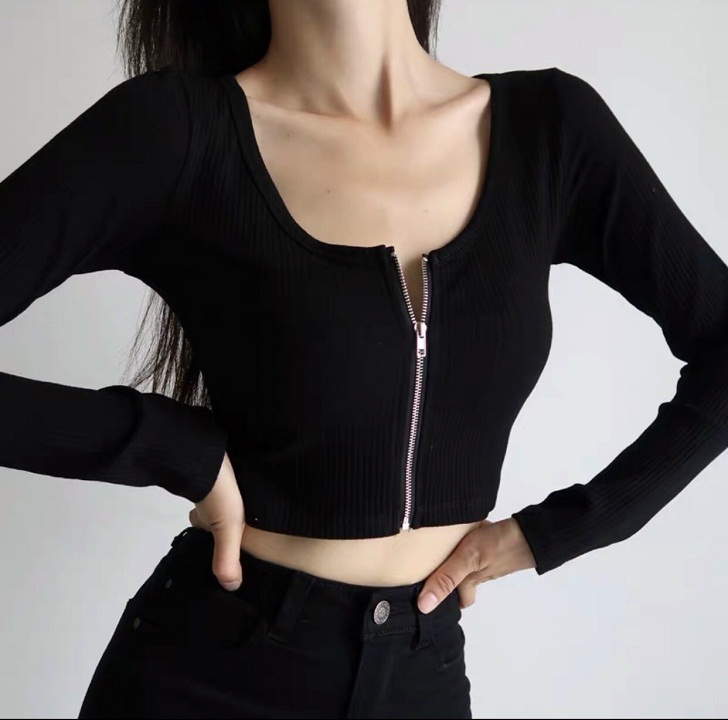 Áo Croptop Tay Dài Dây Kéo Ngực Ulzzang ORM04