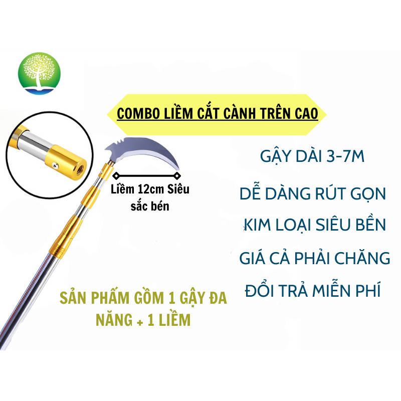 Sào gậy 3-7m inox rút gọn siêu bền kèm liềm cắt cành cây trên cao, cắt cỏ bắt cá bán nguyệt dài 12.5cm