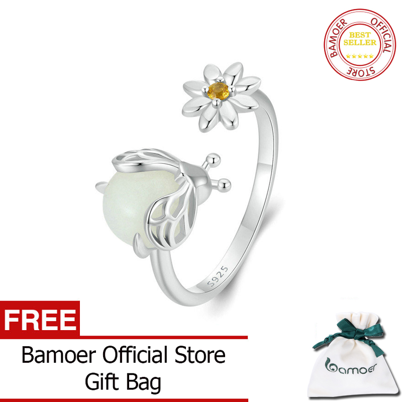 BAMOER 925 Sterling Silver Animal Open Rings for Women Luminous Firefly Ring High Polish Comfort Fit Adjustable Ring SCR991