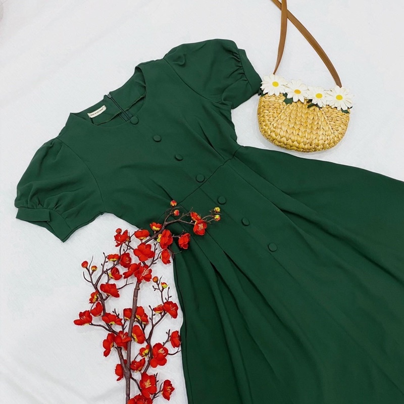 Đầm váy xanh lính cổ tròn