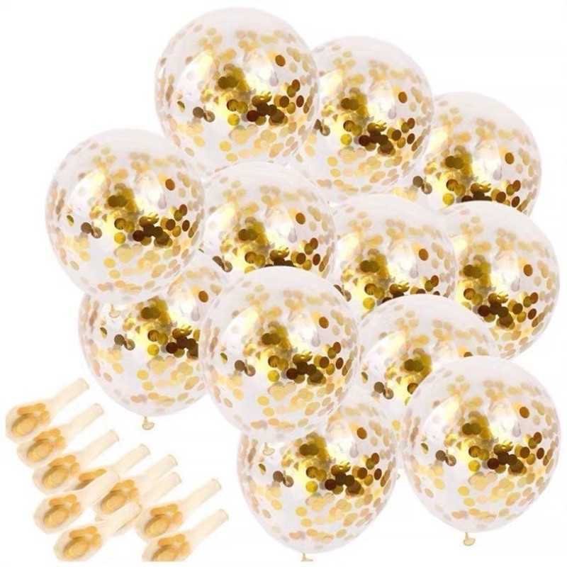 Set 5 bóng trong với hạt kim tuyến bỏ bóng-Bóng Cao Su Trong Suốt Kèm Nhũ