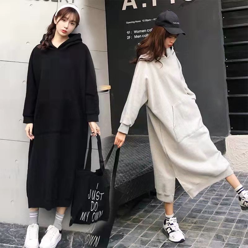 New Women Loose Long Sweatshirt Hooded Dress Solid Long Sleeve