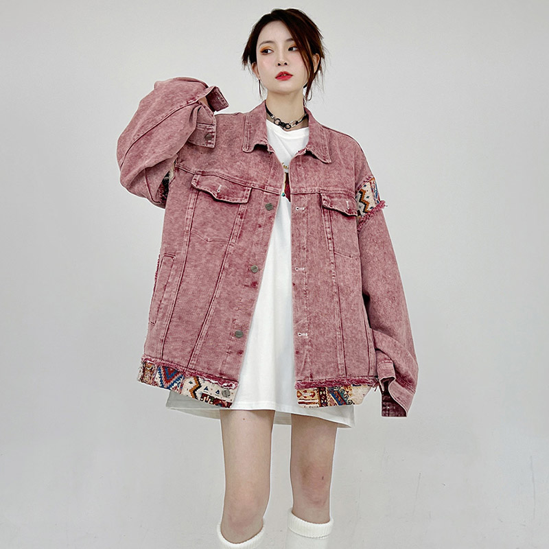 MOLAN Áo khoác Denim hồng, áo khoác lỏng lẻo, thiết kế cổ điển cảm thấy thích hợp áo nhiều mảnh