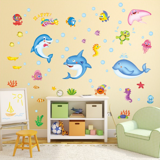 Decal trang trí tường - đàn cá xanh vui nhộn