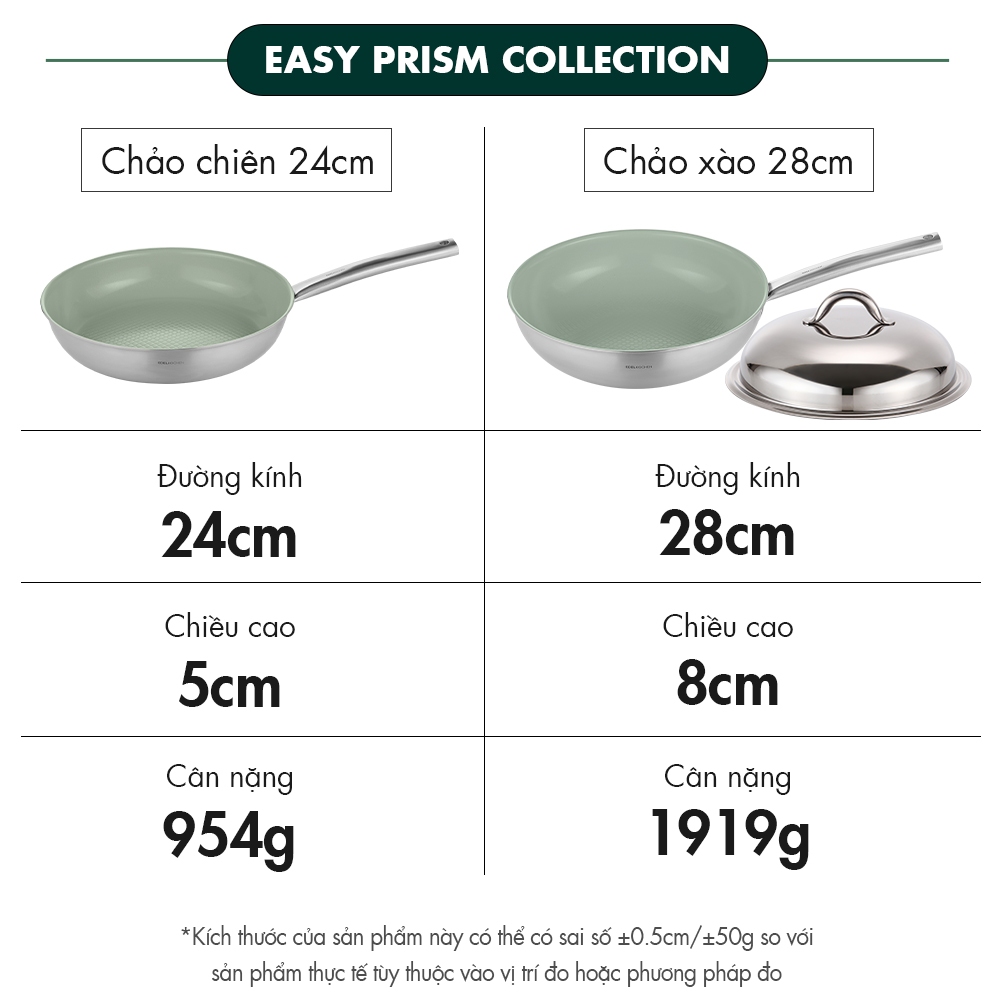 Combo 2 chảo inox Edelkochen Easy Prism - Màu Eco Green (Chảo chiên 24cm/ Chảo xào 28cm)