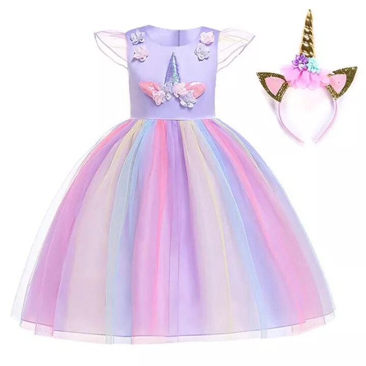 Hot Sale Kids Rainbow Unicorn Birthday Dress up for Girls Summer 2022 Children Unicornio Princess Costumes Halloween Dresses with Headband 3 4 5 6 8 10Year