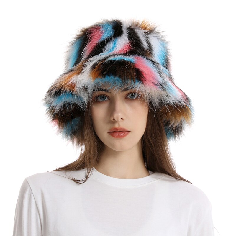 Faux Fur Winter Bucket Hat For Women Fashion Colorful Plush Warm Fisherman Cap Outdoor Panama Soft Senior Hat Elegant Cap