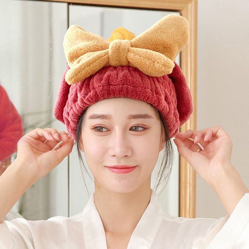 MŨ ủ tóc - Khăn quấn tóc gội đầu cao cấp, vải cotton mềm mại mũ ủ tóc gội đầu hình nơ dễ thương 2 lớp - dungthethao004