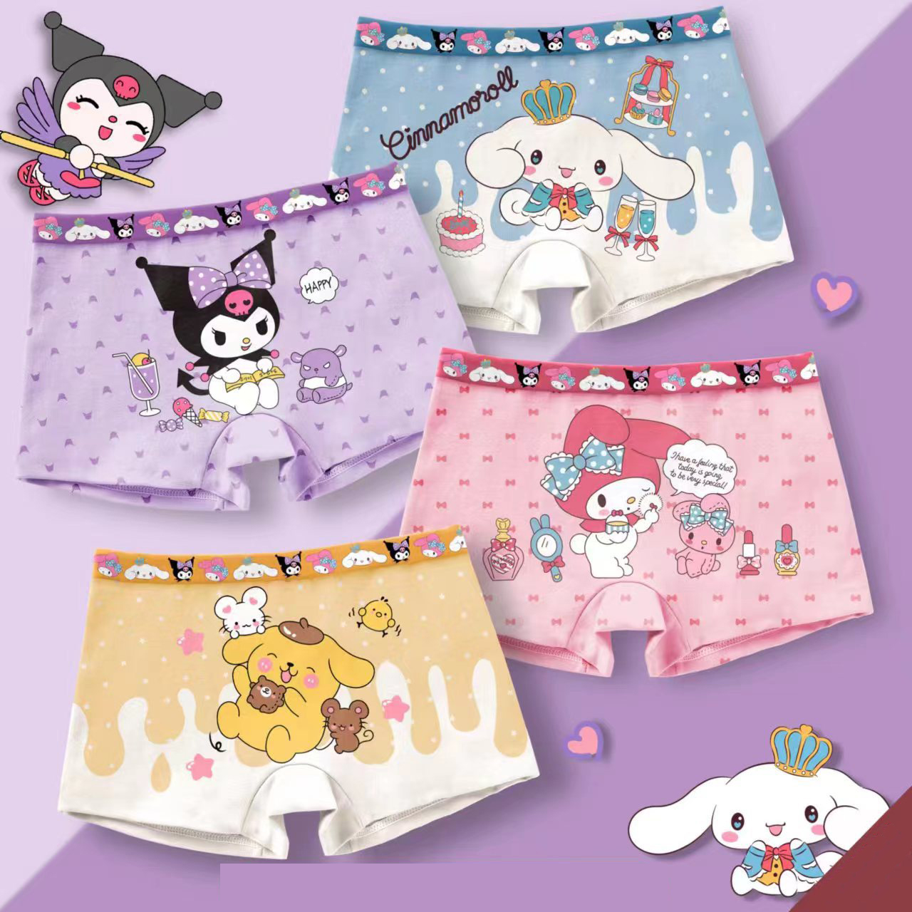 IQANGEL Children's underwear Girls underwear set Sanrio cute cartoon printed cotton boxer shorts Comfortable and breathable