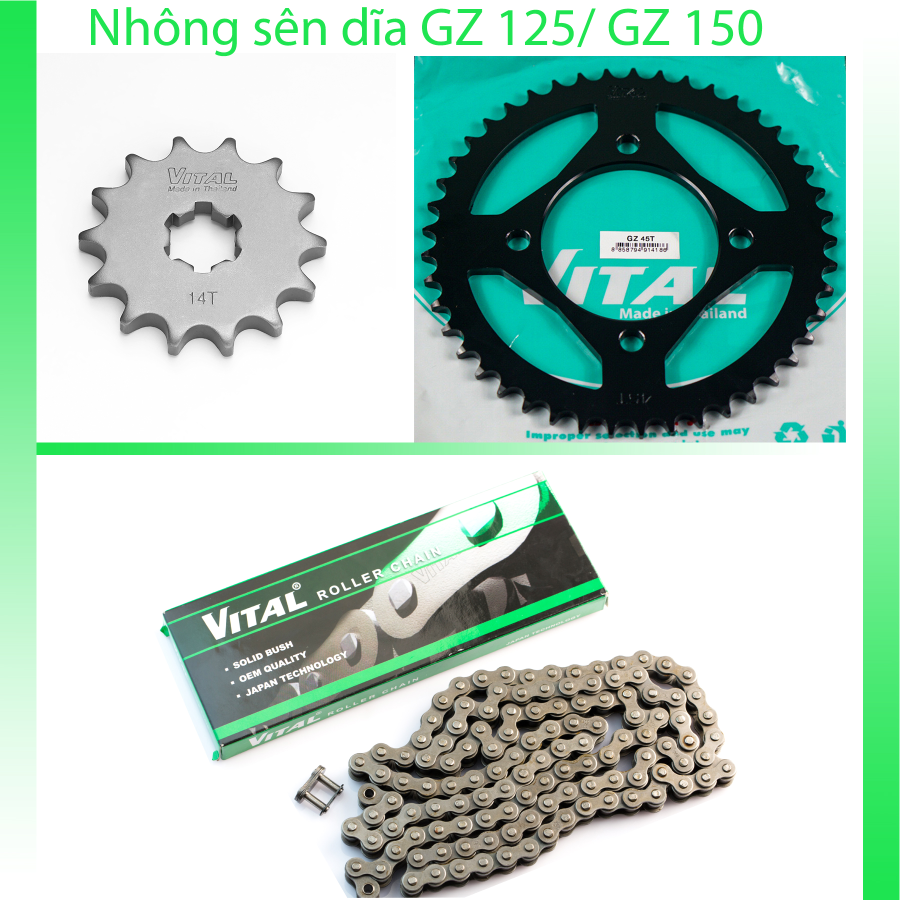 Nhông sên dĩa gz 125, gz 150 sên 9 ly hiệu vital- nsd, xích đĩa tải chính hãng thái lan