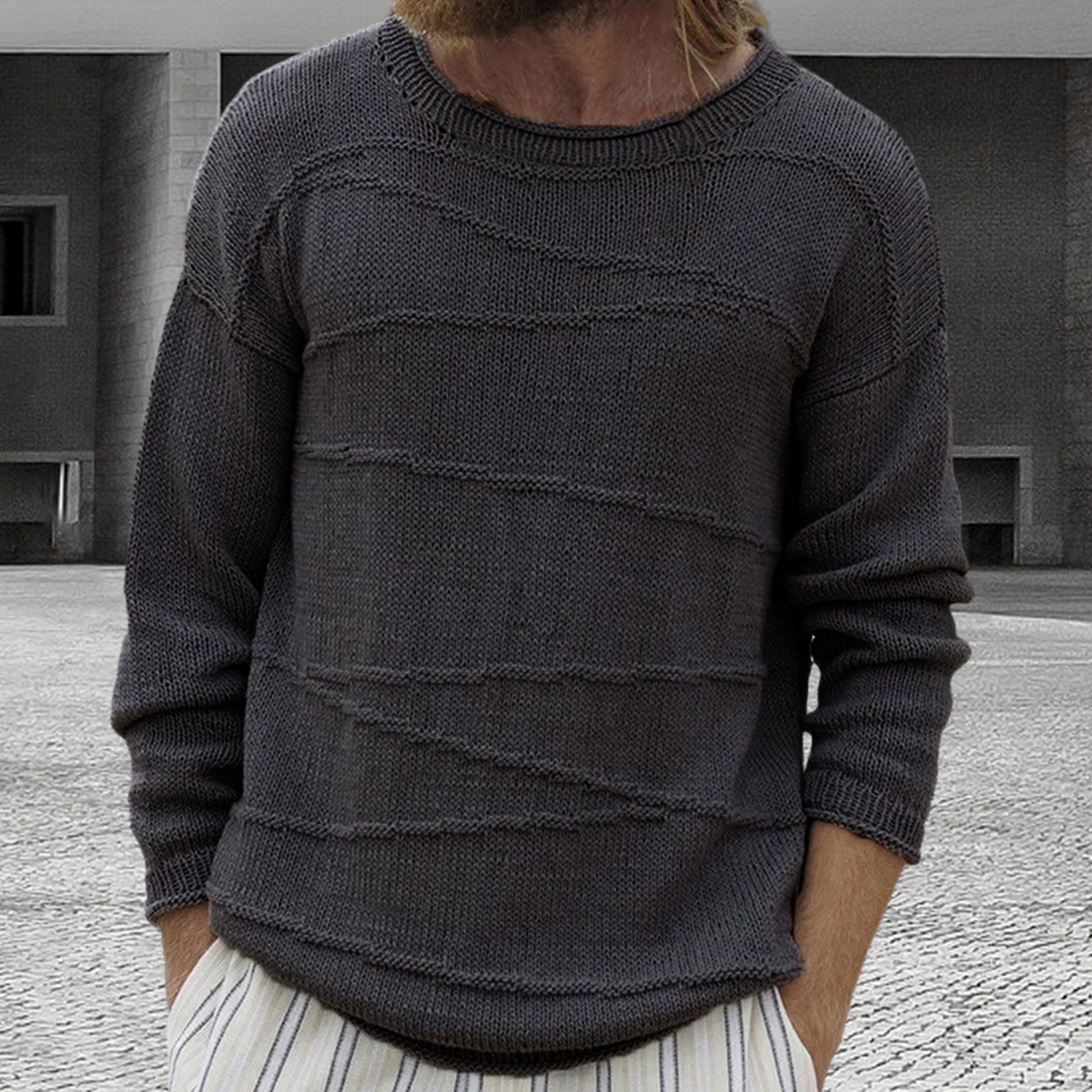 Herren-Pullover, einfarbig, gerippter Bündchenpullover, gemütlicher Herren-Winterpullover, lockere Passform, gerippte Bündchen und O-Ausschnitt-Design, Perfect771_voghion.com
