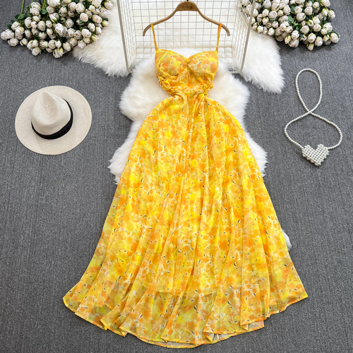 Hawaiian Seaside Resort Style Backless Sleeveless A-line Yellow Floral Chiffon Dress with High Slim Fit and Strapless Strap