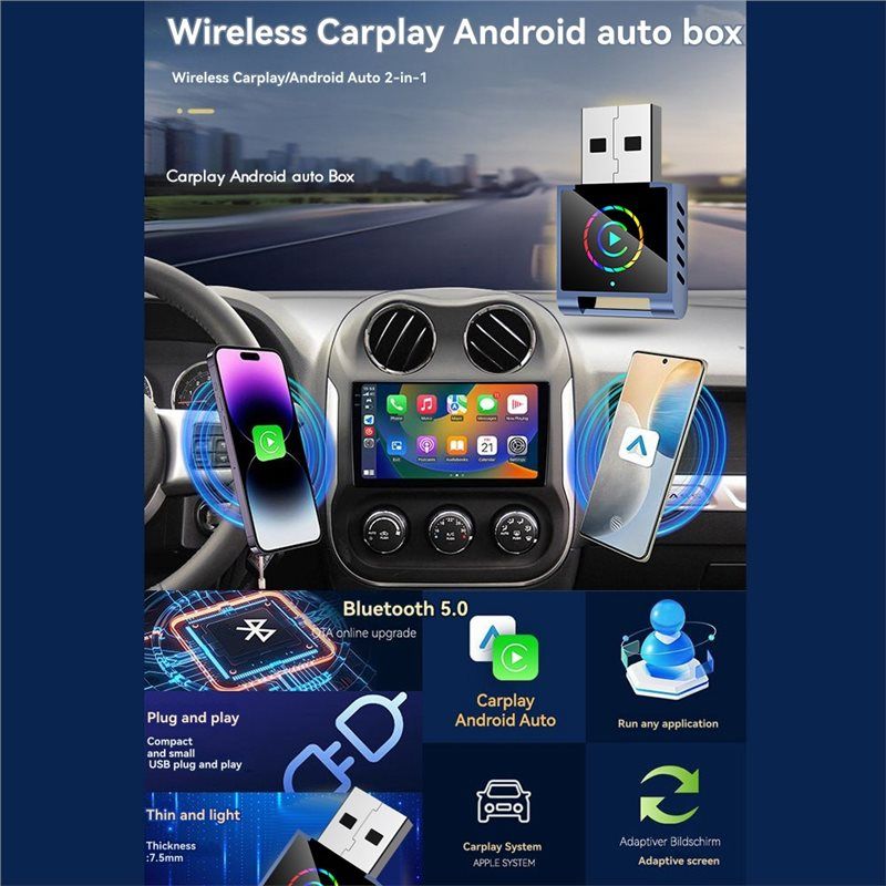 Smart AI Box 2IN1 Wireless CarPlay Android Auto Adapter RGB BT+ WIFI USB Dongle Plug Play Convert Conversion Wired to Wireless.
