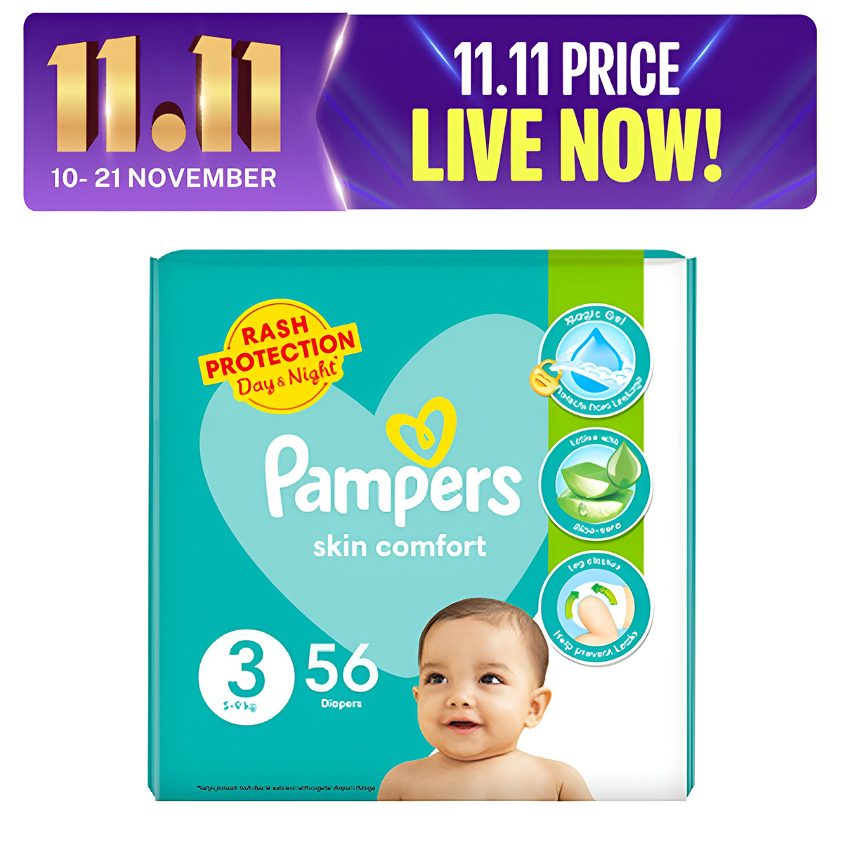 Pampers Taped Baby Diapers (Size 3 Medium, 56 Pcs). 
