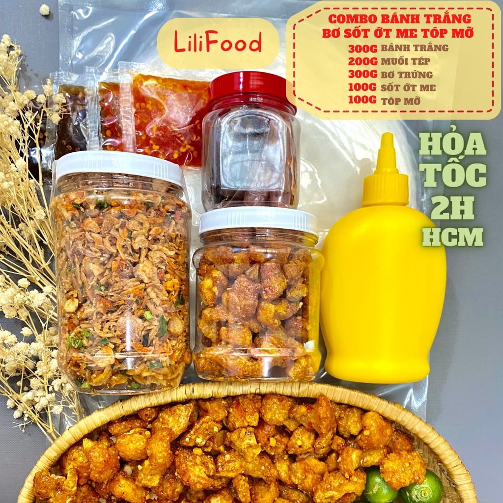 Combo bánh tráng phơi sương - muối tôm hành phi - chai bơ trứng gà siêu béo - tóp mỡ - sốt siêu ngon lilifood