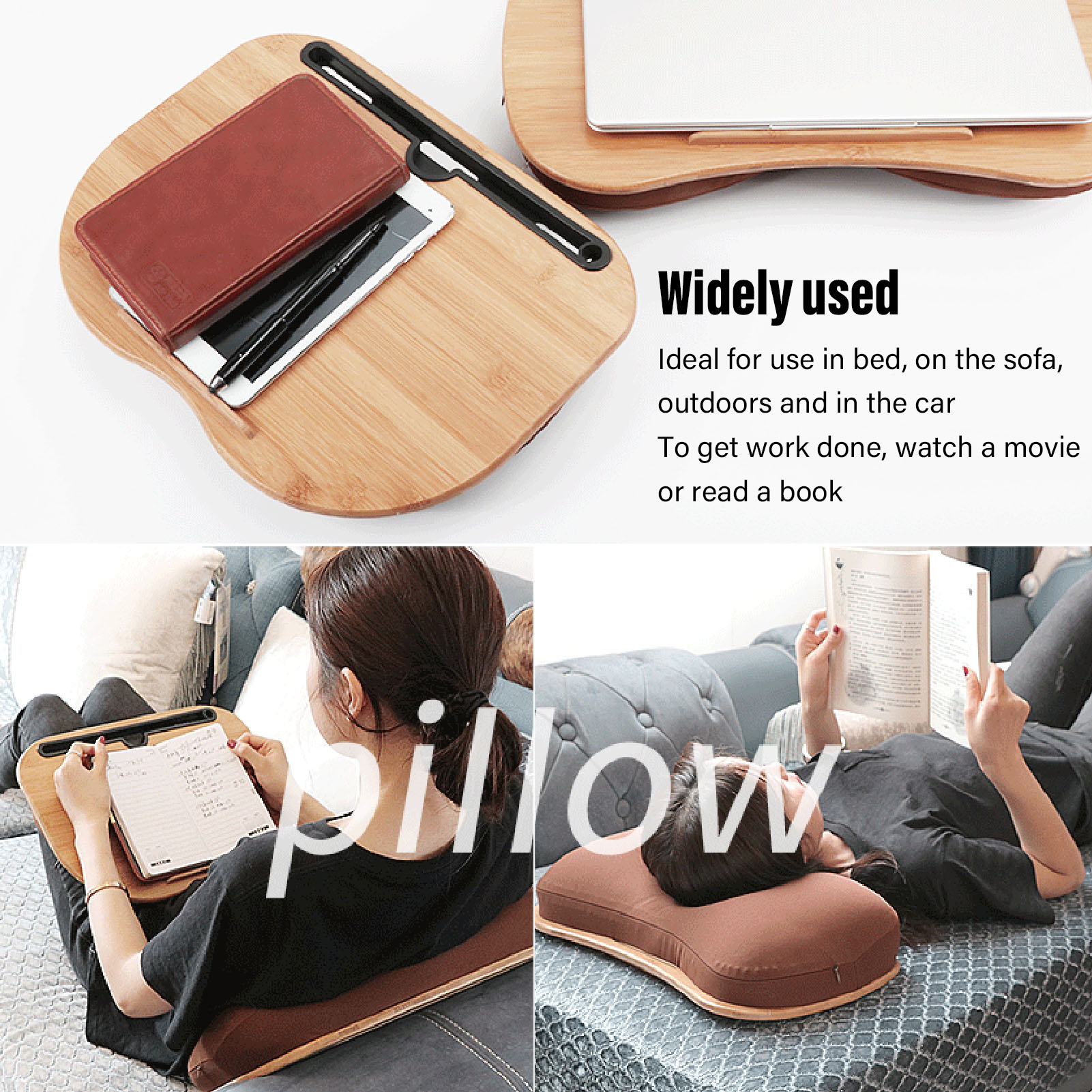Lap Desk Bamboo Wood Computer Laptop Stand Comfortable Ergonomic Design Portable with Pillow Cushion for Home for Reading for Working for 15.6inch Laptop