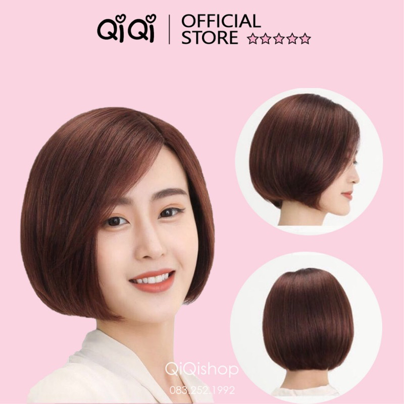 Tóc giả nguyên đầu, tóc giả ngắn vic k mái ngôi lệch ms019 qiqishop