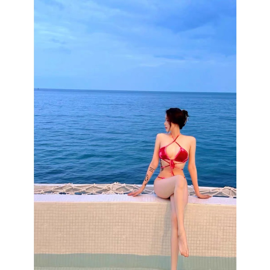 Set bikini 3 món loang đỏ kèm khăn voan cao cấp
