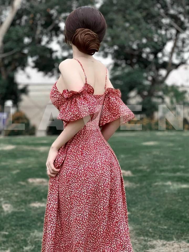 Đầm lụa hở vai có mút màu hoa xinh lung linh dx22