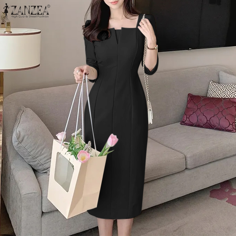 ZANZEA%20Korean%20Style%20Women's%20Dresses%20Elegant%20V-Neck%203/4%20Sleeve%20Plain%20Party%20Prom%20Midi%20Sundress%20-%20Image%205