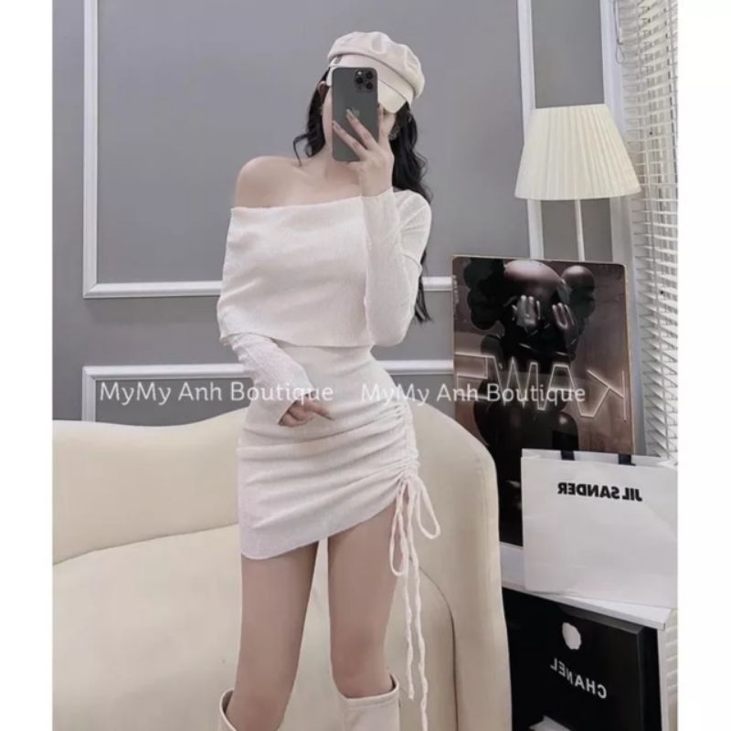 Váy len ôm body trễ vai rút hông