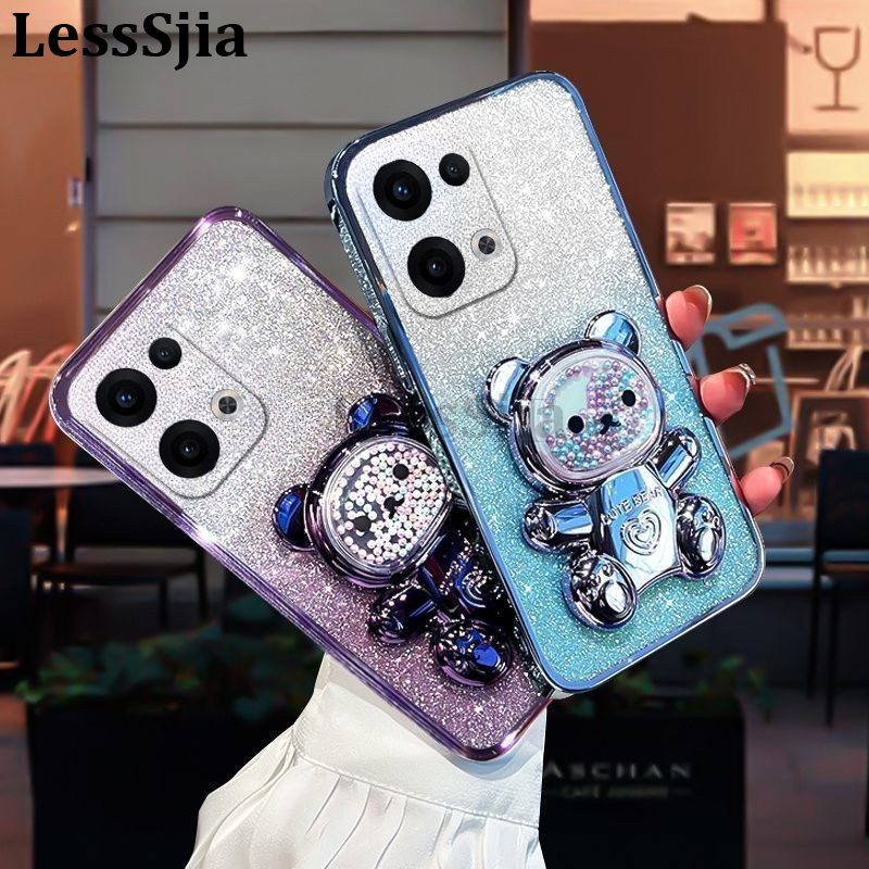For OPPO Reno 13 Pro 13F Case with Gradient 3D Bear Folding Stand Bracket Luxury Slim 6D Plating Glitter Girls for OPPO Reno 13F 13 Pro Back Cover.