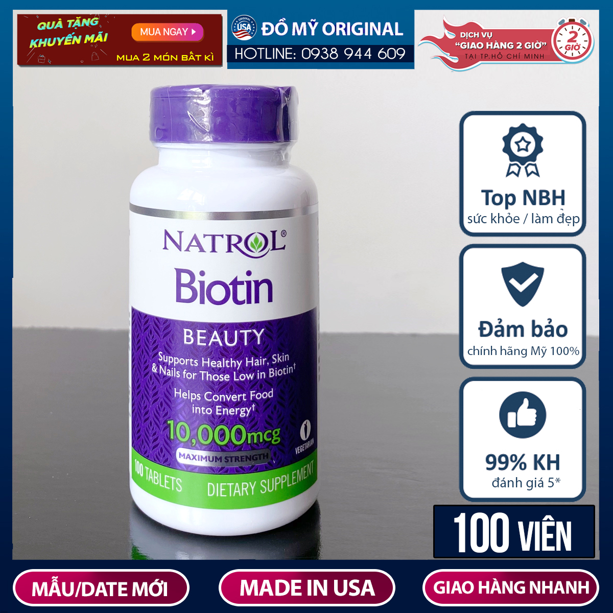 Viên uống Natrol Biotin 10000mcg 100 Viên Hàng Nhập Mỹ Ngăn Rụng Và Kích Mọc Tóc, Giúp Tóc Chắc Khỏe Và Mềm Mượt, Làm Đẹp Da Và Làm Chắc Móng Tay thumbnail