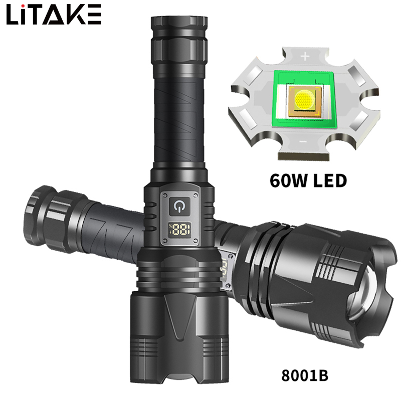 60W XHP360 Powerful Handheld Flashlights Digital Power Display IPX4 Waterproof Strong Light Long Range Outdoor Camping Flash Light Torch