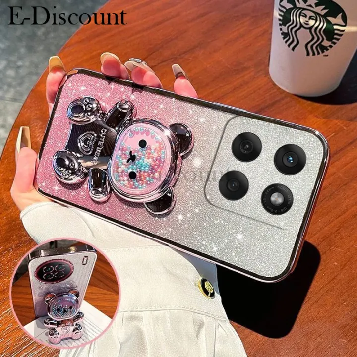 New Phone case Moto Edge 60 Fusion Back cover with Gradient 3D Bear Folding Stand Bracket Luxury Slim Plating Glitter Girls For Motorola Moto Edge60 Fusion case