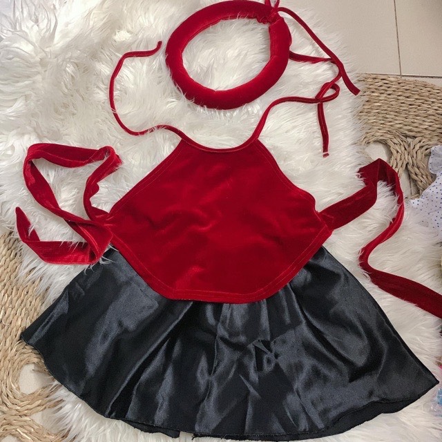 Set yếm nhung đỏ 3 chi tiết