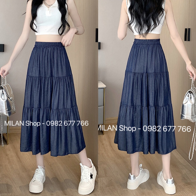 AA18-Chân váy bò(jean) lụa cực mát dáng dài xoè tầng Quảng Châu