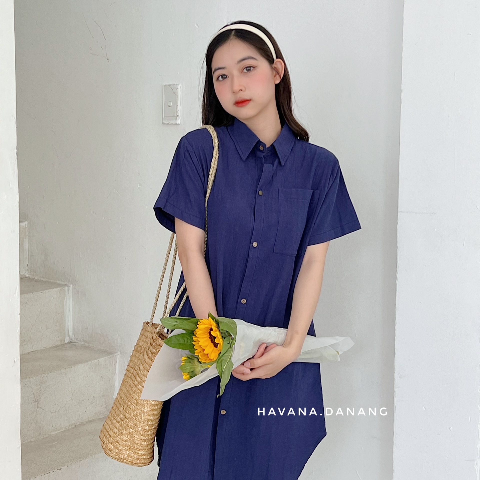 Đầm sơ mi đũi một túi 3 màu