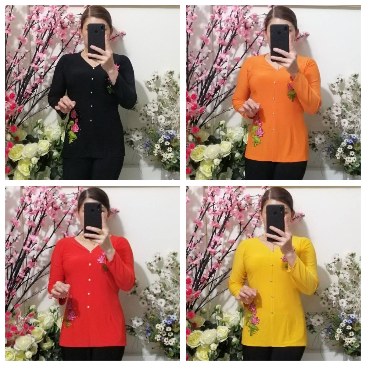 Bộ Bà Ba In Hoa 4D (Áo Lẻ + Quần Đen Ống Rộng)
