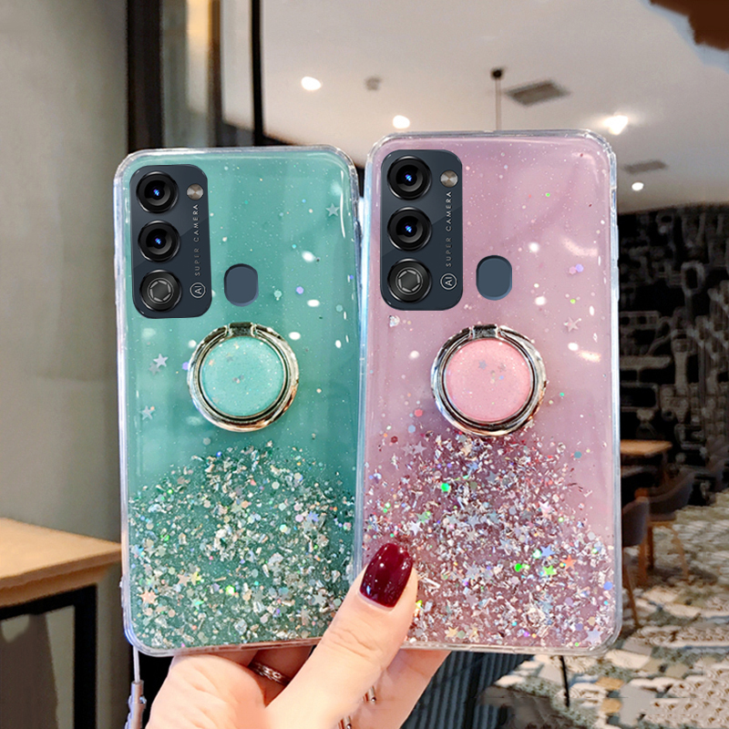 For itel Vision 3 case Shiny Ring Glitter Soft Transparent Holder Stand Back Cover with ring Stars Moon Girls For itel Vision 3 Back cover Phone Cases