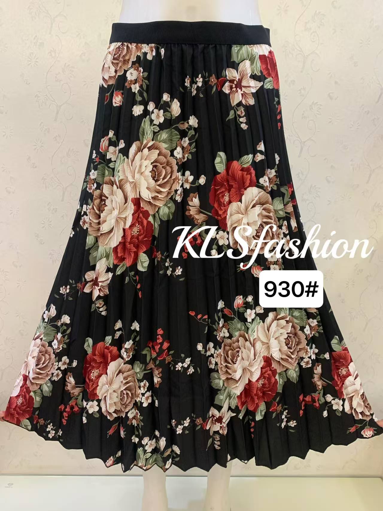 Printed Floral Pleated Midi Skirt Elastic Band Waist Palda Regular