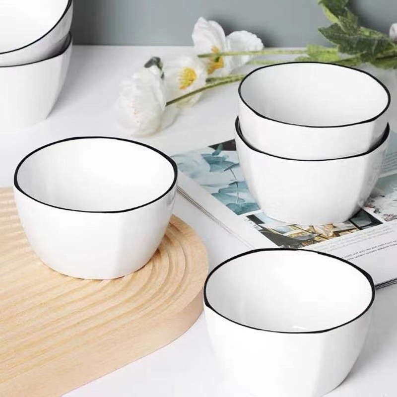 Chén sứ trắng viền đen cao cấp, chén ăn cơm , chén sứ cao cấp, chén trắng đơn giản.