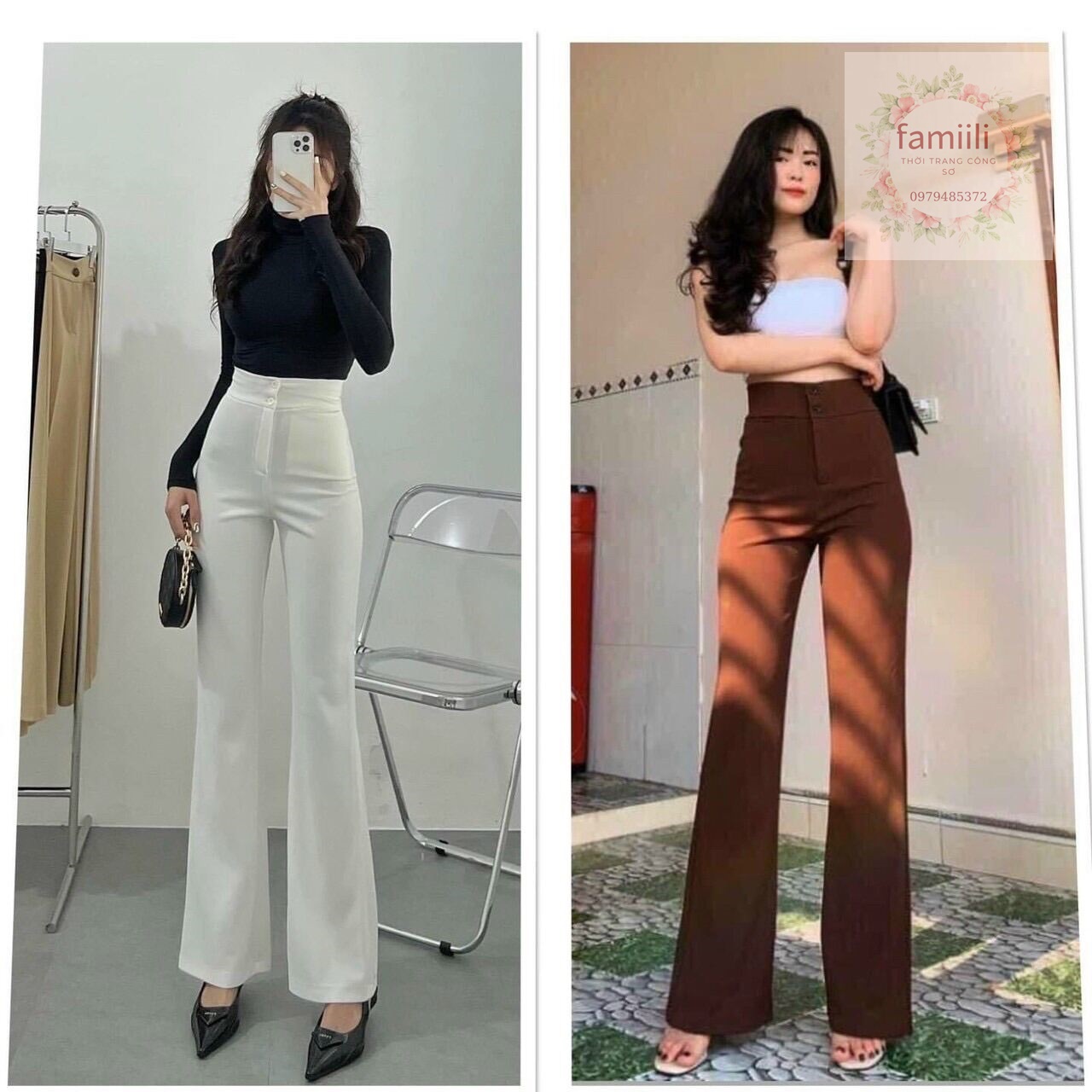 Quần ống loe cạp cao 2 khuy
