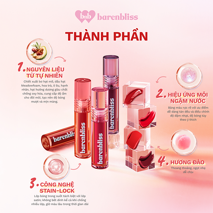 Set son tint Peach & son lì Cherry barenbliss (Son Tint Bóng Peach Căng Mọng Đôi Môi & Son Kem Lì Cherry Mịn Mượt)