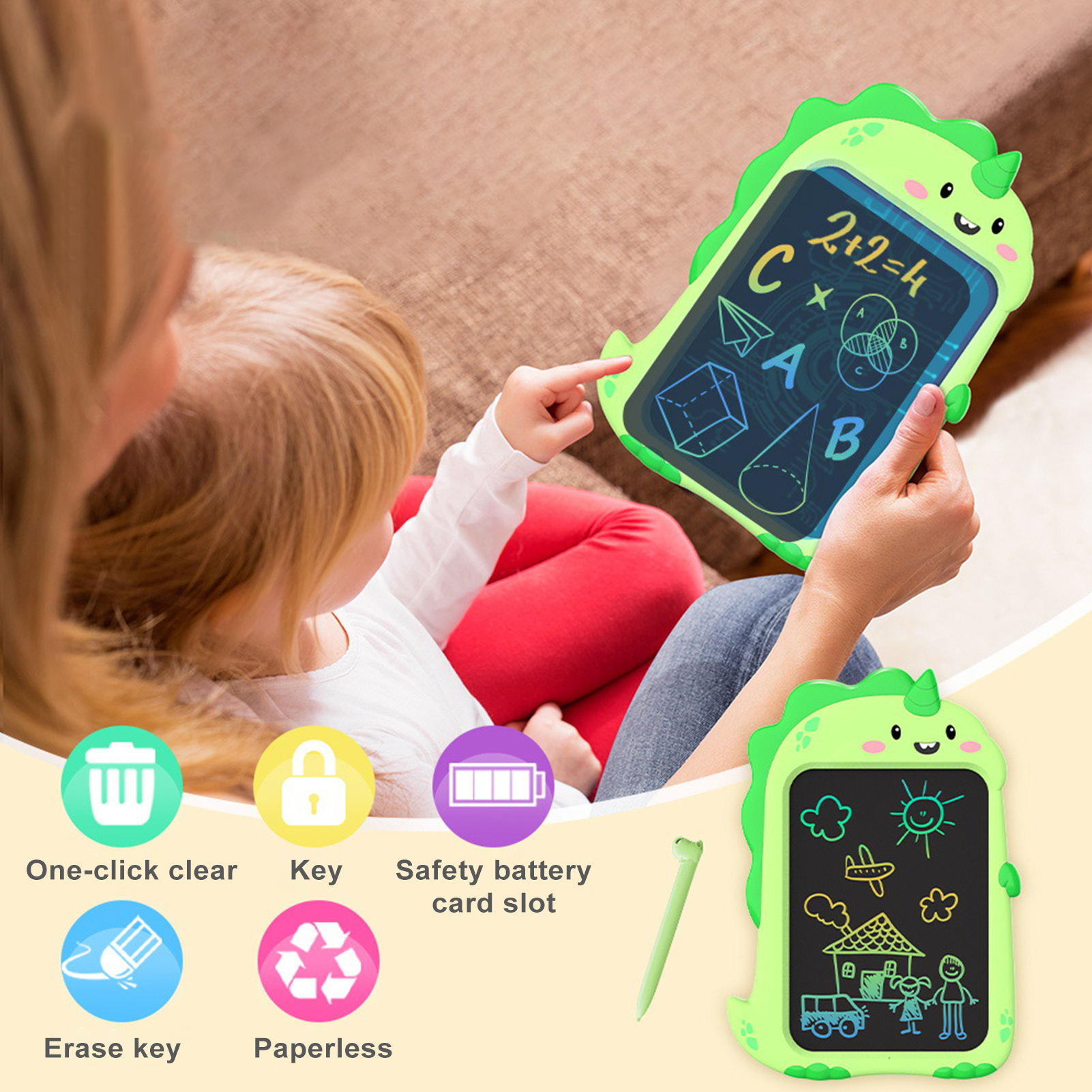 Microgood Toddler Drawing Board School Writing Pad Colorful Dinosaur Lcd Writing Tablet with Pencil Perfect for Kids' Drawing and Writing Battery Operated and Pressure-sensitive Great School Supplies and Gifts