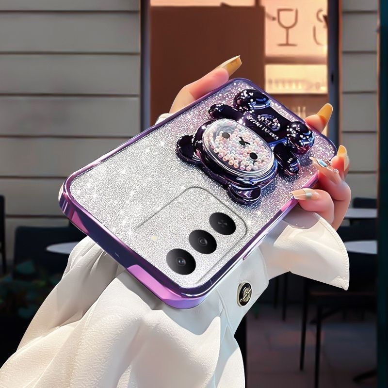 New Phone case Realme C71 C75 C75X Back cover with Gradient 3D Bear Folding Stand Bracket Luxury Slim 6D Plating Glitter Girls For Realme C75 C75X C71 case. 